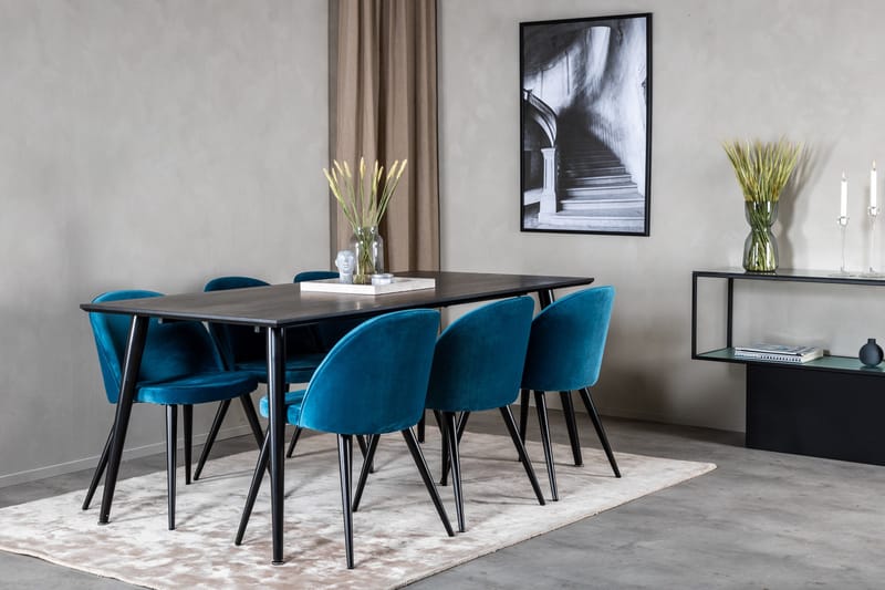 Spisegruppe Venture Home Dipp spisegruppe 180 cm rektangulær med 6 Velvet-stole Sort/Blå - Møbler - Borde - Spisebordssæt