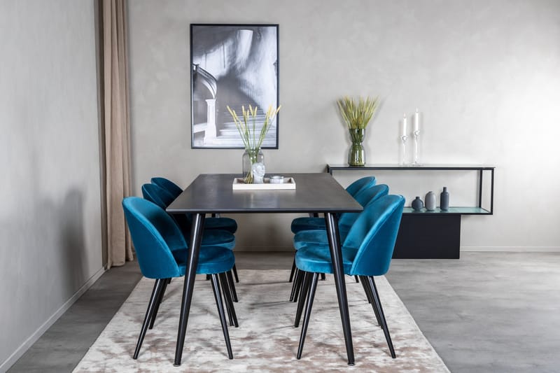 Spisegruppe Venture Home Dipp spisegruppe 180 cm rektangulær med 6 Velvet-stole Sort/Blå - Møbler - Borde - Spisebordssæt