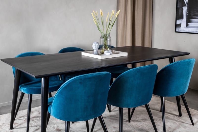 Spisegruppe Venture Home Dipp spisegruppe 180 cm rektangulær med 6 Velvet-stole Sort/Blå - Møbler - Borde - Spisebordssæt
