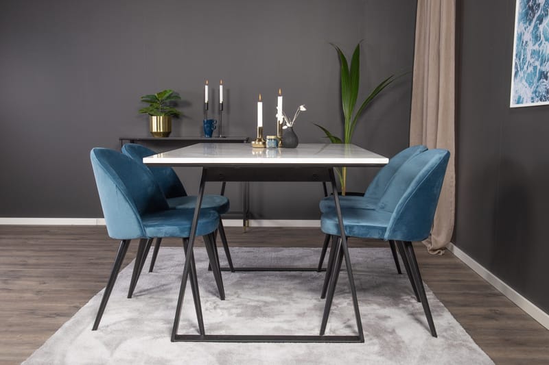Spisegruppe Venture Home Estelle spisegruppe 140 cm rektangulær med 4 Velvet-stole Sort/Blå/Hvid - Møbler - Borde - Spisebordssæt