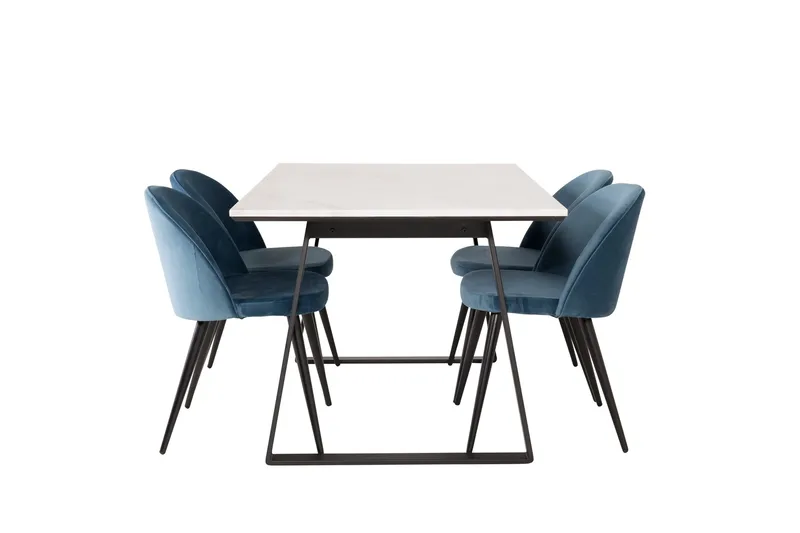 Spisegruppe Venture Home Estelle spisegruppe 140 cm rektangulær med 4 Velvet-stole Sort/Blå/Hvid, undefined