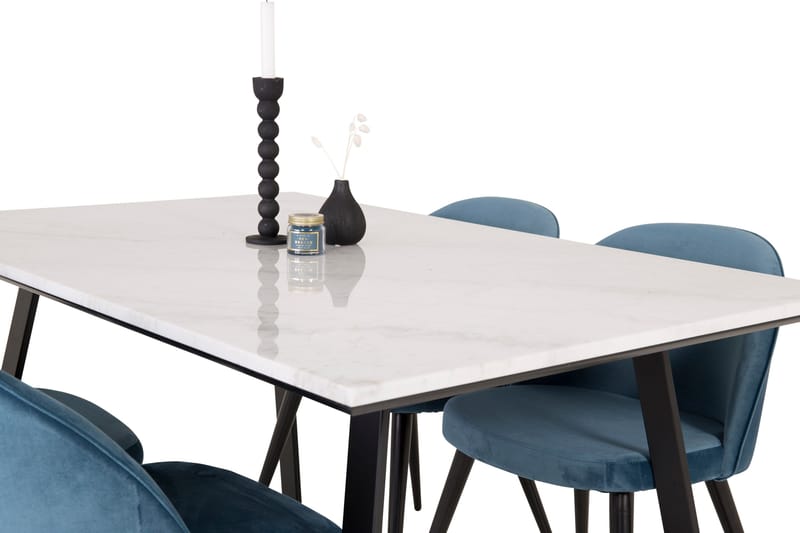 Spisegruppe Venture Home Estelle spisegruppe 140 cm rektangulær med 4 Velvet-stole Sort/Blå/Hvid - Møbler - Borde - Spisebordssæt