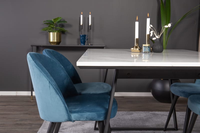 Spisegruppe Venture Home Estelle spisegruppe 140 cm rektangulær med 4 Velvet-stole Sort/Blå/Hvid - Møbler - Borde - Spisebordssæt