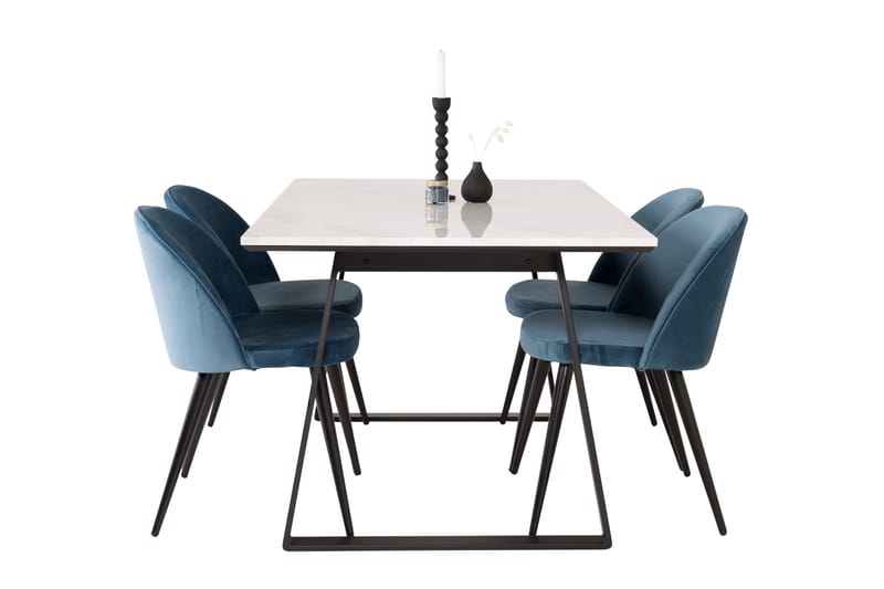 Spisegruppe Venture Home Estelle spisegruppe 140 cm rektangulær med 4 Velvet-stole Sort/Blå/Hvid - Møbler - Borde - Spisebordssæt
