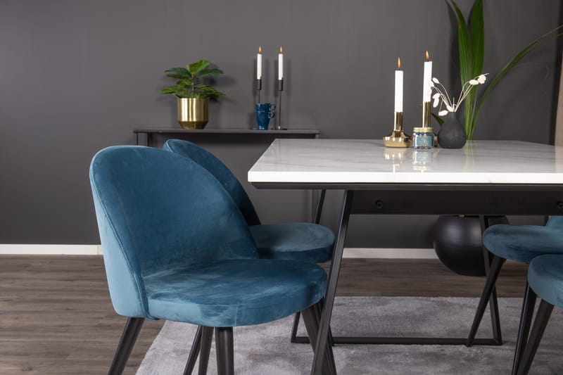 Spisegruppe Venture Home Estelle spisegruppe 140 cm rektangulær med 4 Velvet-stole Sort/Blå/Hvid - Møbler - Borde - Spisebordssæt
