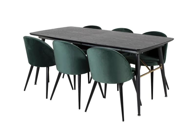 Spisegruppe Venture Home Gold spisegruppe udtrækbar 180-220 cm rektangulær med 6 Velvet-stole Sort/Grøn - Møbler - Borde - Spisebordssæt