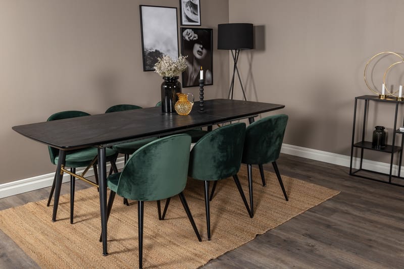 Spisegruppe Venture Home Gold spisegruppe udtrækbar 180-220 cm rektangulær med 6 Velvet-stole Sort/Grøn - Møbler - Borde - Spisebordssæt