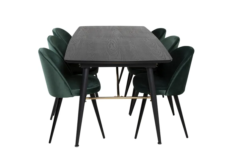 Spisegruppe Venture Home Gold spisegruppe udtrækbar 180-220 cm rektangulær med 6 Velvet-stole Sort/Grøn, undefined