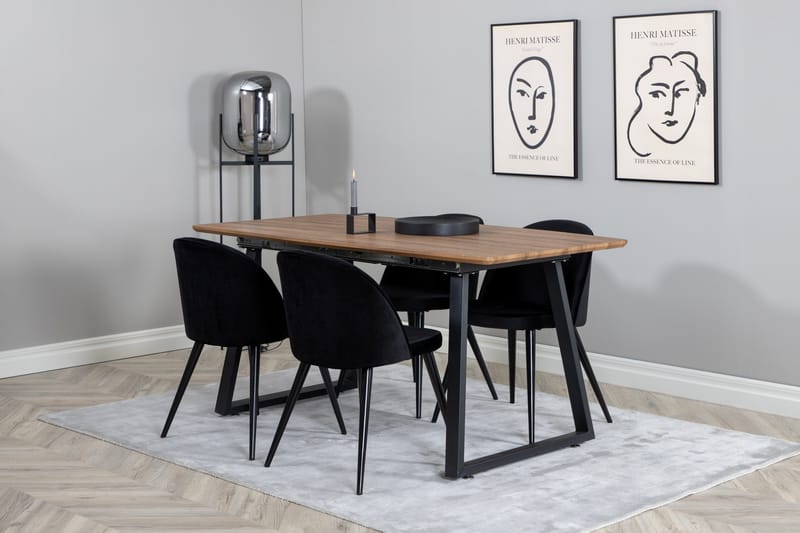 Spisegruppe Venture Home Inca spisegruppe 160 cm rektangulær med 4 Velvet-stole Sort/Natur - Møbler - Borde - Spisebordssæt