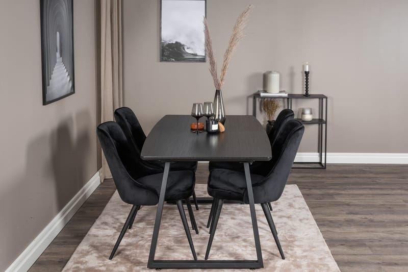 Spisegruppe Venture Home Inca spisegruppe udtrækkelig 160 cm rektangulær med 4 Velvet Deluxe-stole Sort - Møbler - Borde - Spisebordssæt