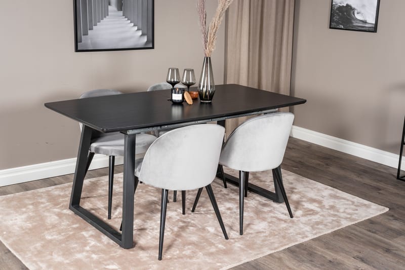 Spisegruppe Venture Home Inca spisegruppe udtrækkelig 160 cm rektangulær med 4 Velvet-stole Sort/Lysegrå - Møbler - Borde - Spisebordssæt
