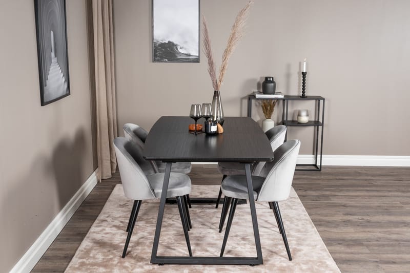 Spisegruppe Venture Home Inca spisegruppe udtrækkelig 160 cm rektangulær med 4 Velvet-stole Sort/Lysegrå - Møbler - Borde - Spisebordssæt