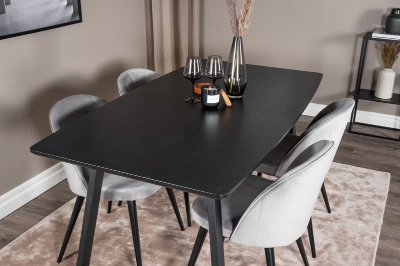 Spisegruppe Venture Home Inca spisegruppe udtrækkelig 160 cm rektangulær med 4 Velvet-stole Sort/Lysegrå - Møbler - Borde - Spisebordssæt