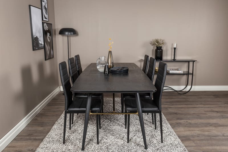 Spisegruppe Venture Home Irunea spisegruppe udtrækkelig 180-220 cm rektangulær med 6 Zovese-stole Sort/GULD - Møbler - Borde - Spisebordssæt