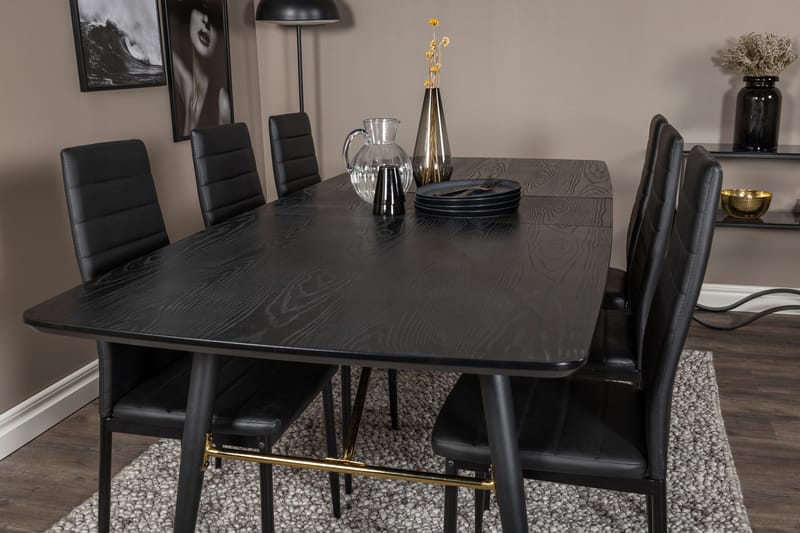 Spisegruppe Venture Home Irunea spisegruppe udtrækkelig 180-220 cm rektangulær med 6 Zovese-stole Sort/GULD - Møbler - Borde - Spisebordssæt