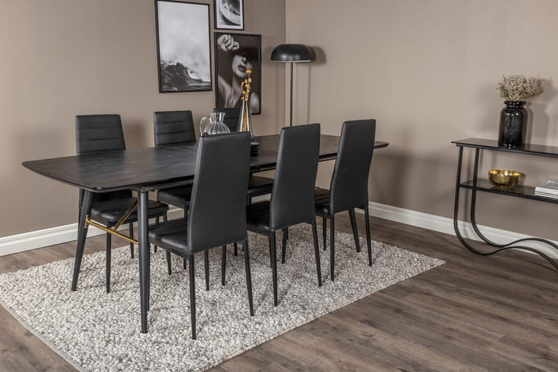 Spisegruppe Venture Home Irunea spisegruppe udtrækkelig 180-220 cm rektangulær med 6 Zovese-stole Sort/GULD - Møbler - Borde - Spisebordssæt
