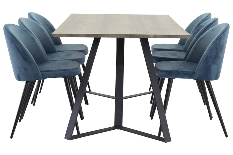 Spisegruppe Venture Home Marina spisegruppe 180 cm rektangulær med 6 Velvet-stole Sort/Blå/Grå - Møbler - Borde - Spisebordssæt
