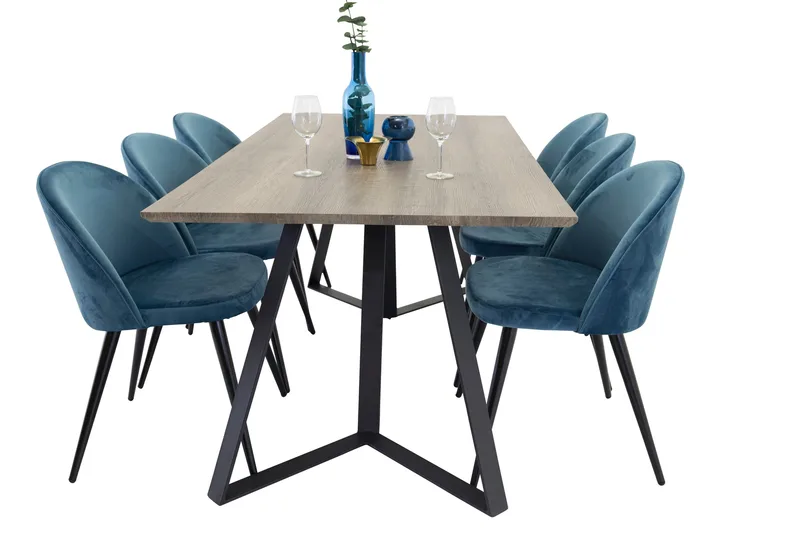 Spisegruppe Venture Home Marina spisegruppe 180 cm rektangulær med 6 Velvet-stole Sort/Blå/Grå, undefined
