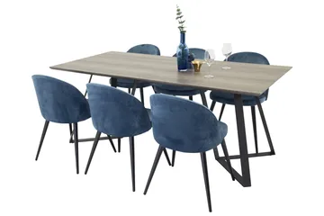 Spisegruppe Venture Home Marina spisegruppe 180 cm rektangulær med 6 Velvet-stole Sort/Blå/Grå - Møbler - Borde - Spisebordssæt