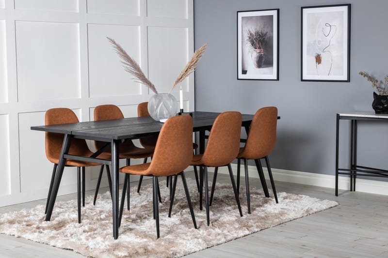 Spisegruppe Venture Home Sleek spisegruppe udtrækbar 195 cm rektangulær med 6 Polar-stole Sort/Brun - Møbler - Borde - Spisebordssæt