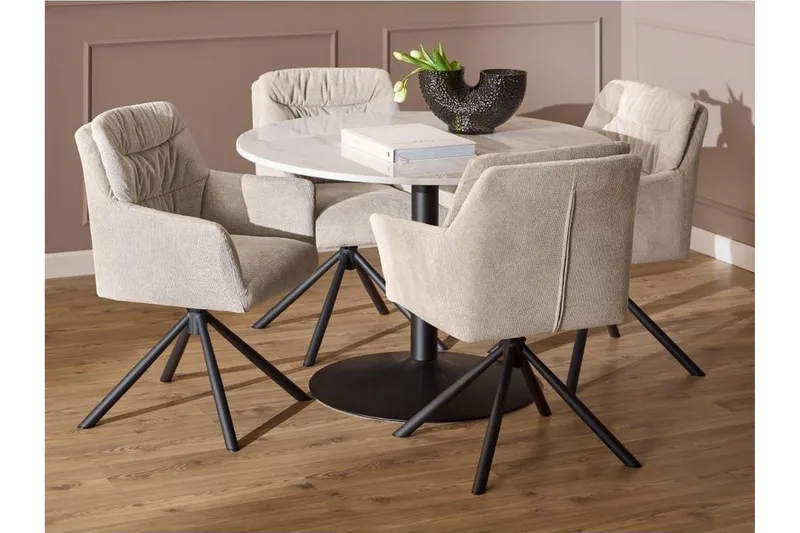 Stabby Spisegruppe Rund 110 Cm + 4 Spisestuestole, Sort/Hvid/Beige