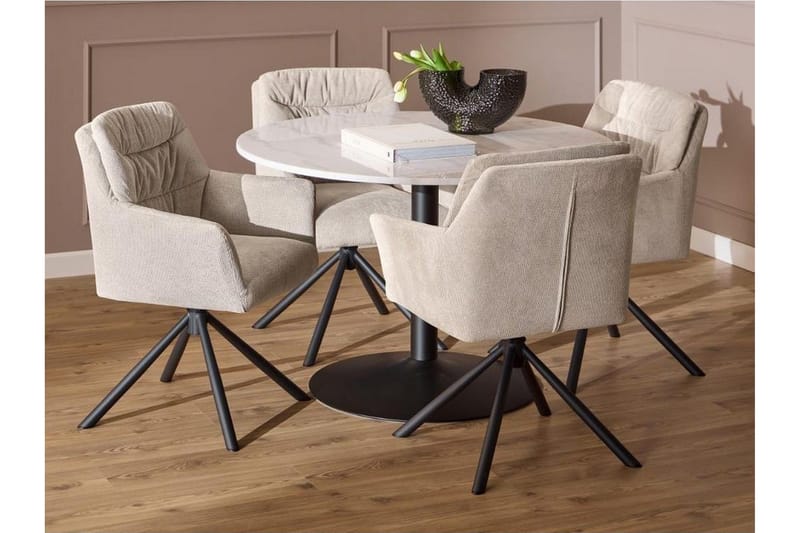 Stabby Spisegruppe Rund 110 Cm + 4 Spisestuestole, Sort/Hvid/Beige