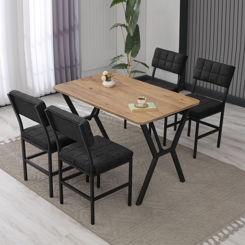 Stedum spisegruppe bord 110 cm + 4 stole - Antracit og Valnød - Møbler - Borde - Spisebordssæt
