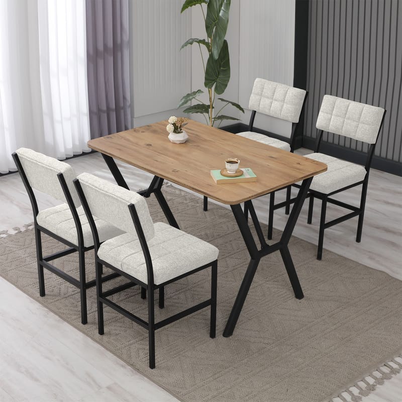 Stedum spisegruppe bord 110 cm + 4 stole - Creme og Valnød - Møbler - Borde - Spisebordssæt