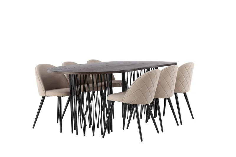 Stone Spisebordssæt 220 cm Rektangulær med 6 Velvet Stole - Beige - Møbler - Borde - Spisebordssæt