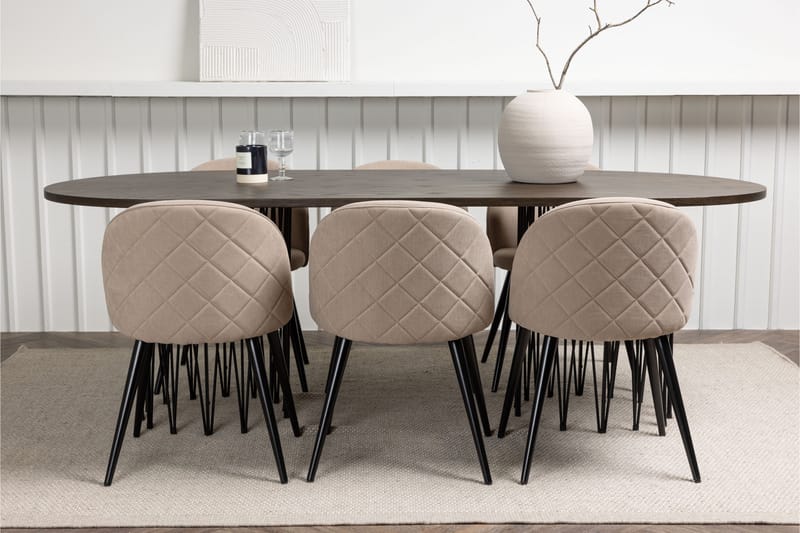 Stone Spisebordssæt 220 cm Rektangulær med 6 Velvet Stole - Beige - Møbler - Borde - Spisebordssæt