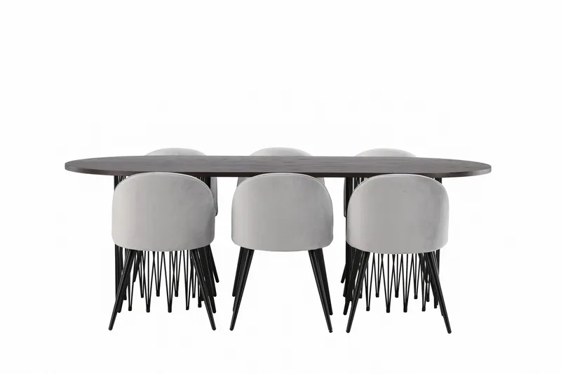 Stone Spisebordssæt 220 cm Rektangulær med 6 Velvet Stole - Grå - Møbler - Borde - Spisebordssæt