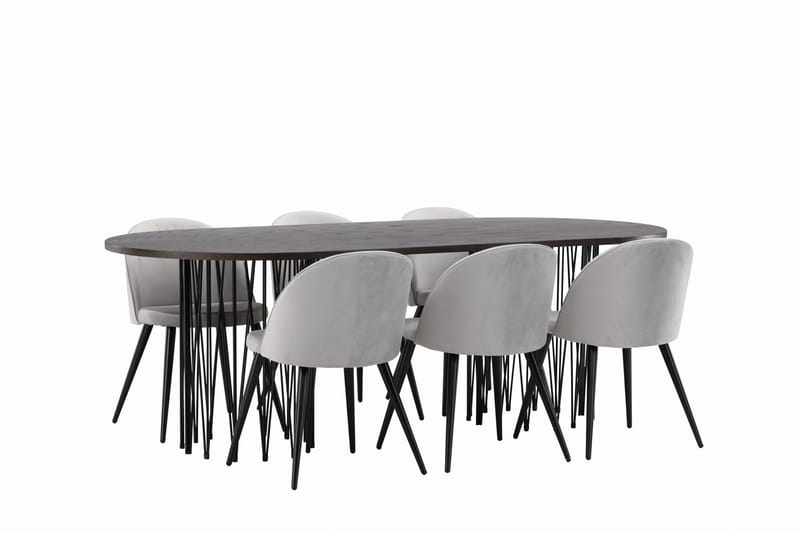 Stone Spisebordssæt 220 cm Rektangulær med 6 Velvet Stole - Grå - Møbler - Borde - Spisebordssæt