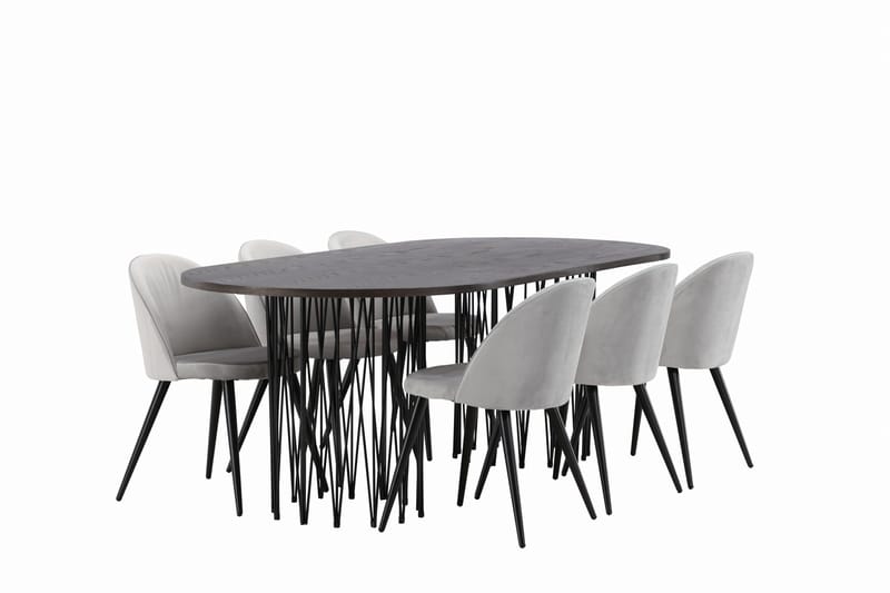 Stone Spisebordssæt 220 cm Rektangulær med 6 Velvet Stole - Grå - Møbler - Borde - Spisebordssæt