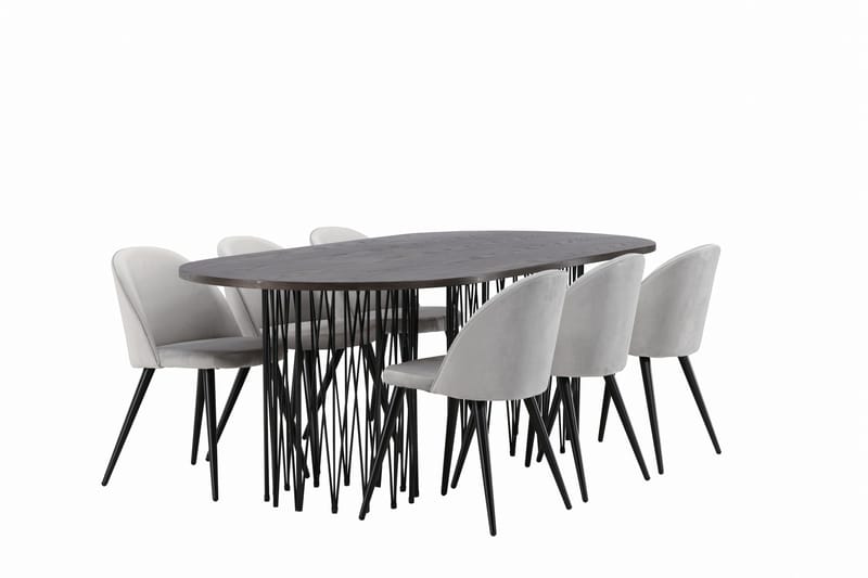 Stone Spisebordssæt 220 cm Rektangulær med 6 Velvet Stole - Grå - Møbler - Borde - Spisebordssæt
