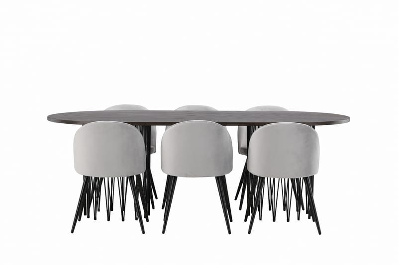 Stone Spisebordssæt 220 cm Rektangulær med 6 Velvet Stole - Grå - Møbler - Borde - Spisebordssæt