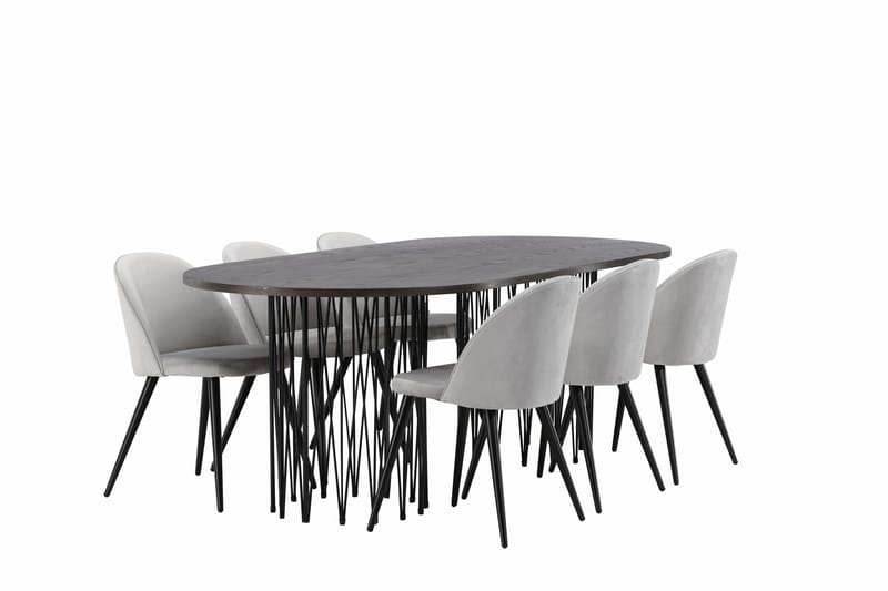 Stone Spisebordssæt 220 cm Rektangulær med 6 Velvet Stole - Grå - Møbler - Borde - Spisebordssæt