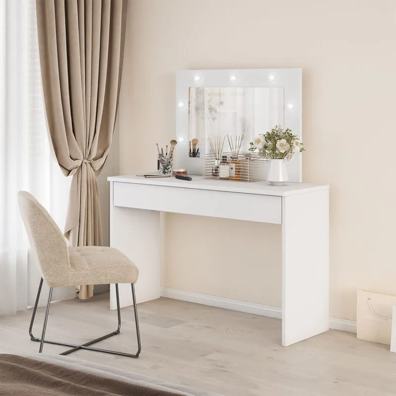 Toiletbord med spejl Eva 1 Skuffe - Hvid - Møbler - Borde - Sminkebord & konsolbord - Makeup bord med spejl