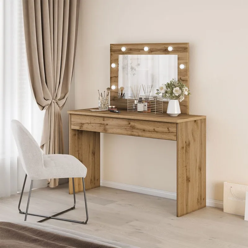 Toiletbord med spejl Eva 1 Skuffe - Wotan Eg - Møbler - Borde - Sminkebord & konsolbord