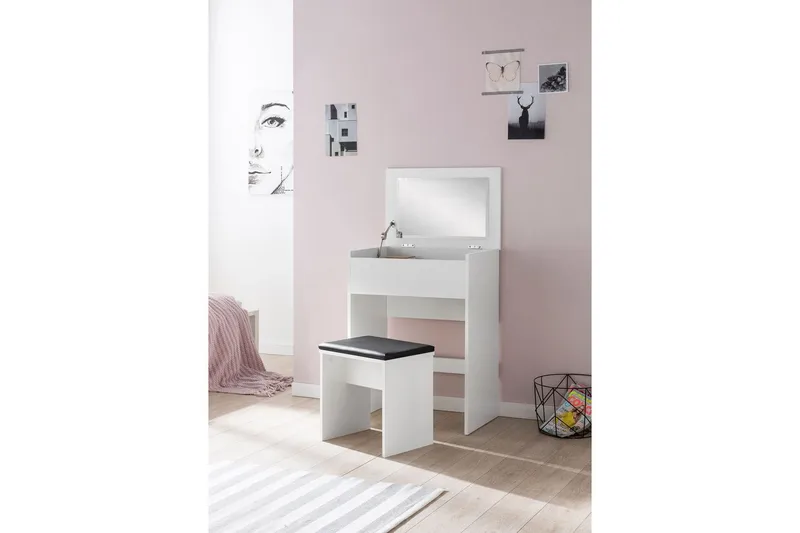 Toiletbord Wohnling Opbevaring til kosmetik hvid med spejlskammel klassisk modern - Møbler - Borde - Sminkebord & konsolbord - Makeup bord med spejl