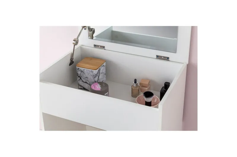 Toiletbord Wohnling Opbevaring til kosmetik hvid med spejlskammel klassisk modern - Møbler - Borde - Sminkebord & konsolbord - Makeup bord med spejl