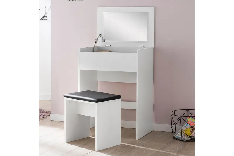 Toiletbord Wohnling Opbevaring til kosmetik hvid med spejlskammel klassisk modern - Møbler - Borde - Sminkebord & konsolbord - Makeup bord med spejl