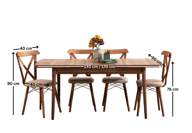 Toolenpas spisegruppe bord 130 cm + 4 stole - Brun - Møbler - Borde - Spisebordssæt