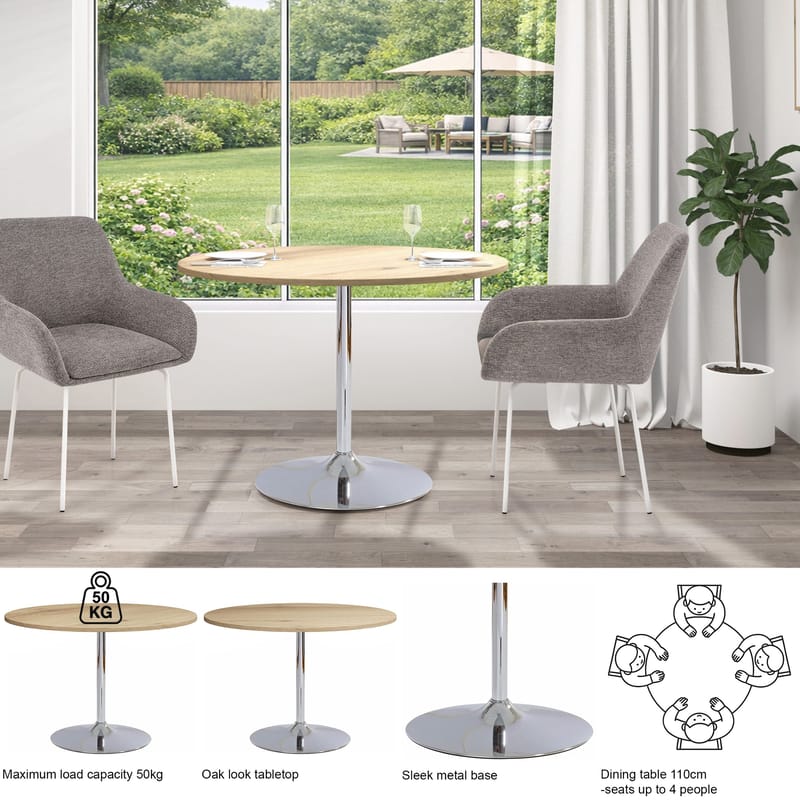 Trumpet spisebord rundt 110 cm - Eg/krom - Møbler - Borde - Spisebord og køkkenbord