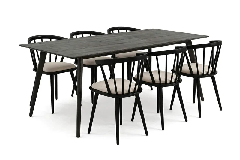 Tyrö spisegruppe 190 cm røget eg med 6 stk. Tyrö armstole med hynde, Røget eg