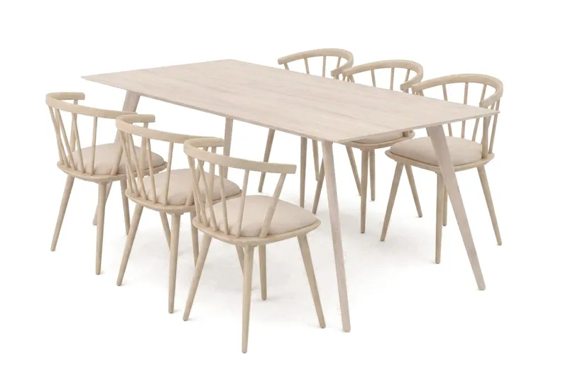 Tyrö spisegruppe 190 cm whitewash med 6 stk. Tyrö armstole med hynde, Whitewash
