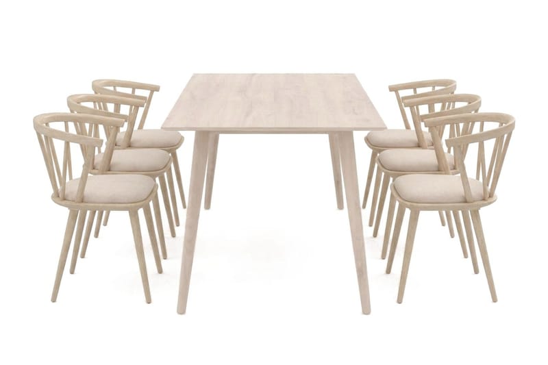 Tyrö spisegruppe 190 cm whitewash med 6 stk. Tyrö armstole med hynde - Whitewash - Møbler - Borde - Spisebordssæt