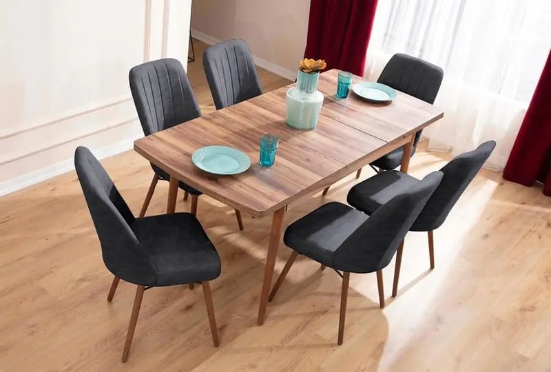 Udtrækkeligt spisebord- og stolssæt (7 dele) Homitis Lidyana (130 x 76 x 80 cm) Antracit - Møbler - Borde - Spisebordssæt