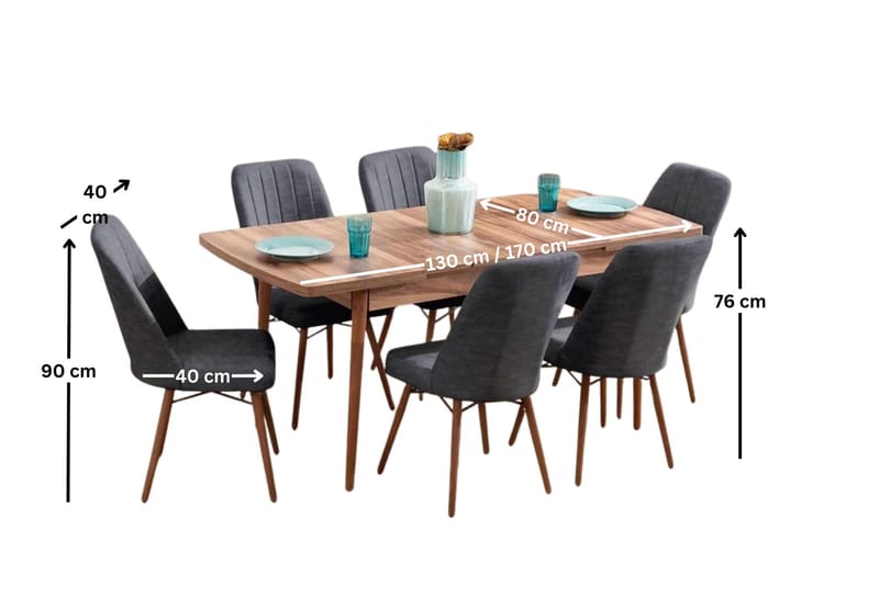 Udtrækkeligt spisebord- og stolssæt (7 dele) Homitis Lidyana (130 x 76 x 80 cm) Antracit - Møbler - Borde - Spisebordssæt