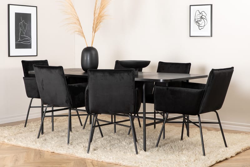 Unos Spisebordssæt 200 cm Rektangulær med 6 Petra Stole - Svart - Møbler - Borde - Spisebordssæt