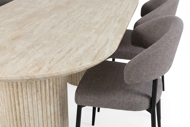 Uppveda Ovalt Spisebord 180x90 cm med 4 Sawako Greige Stole - Travertin/Greige - Møbler - Borde - Spisebordssæt